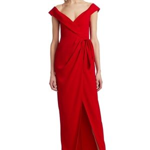 ML Monique Lhuillier Off-The-Shoulder Side Slit Crepe Gown